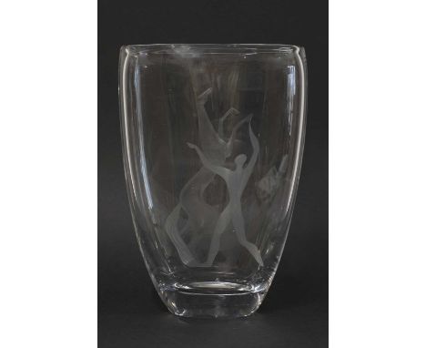 A Swedish Kosta 'Hästdressyr' or 'Manége' glass vase,1950s, designed by Vicke Lindstrand, of flaring form, the side with the 