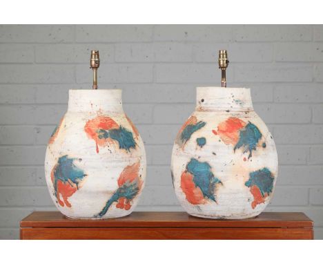 ▴ Claude Varlan (French, 1940-2021),1970s, a pair of glazed stoneware vases, each with a buff-coloured ground and turquoise a
