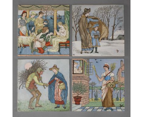 A set of four Arts and Crafts nursery rhyme tiles,early 20th century, by Minton and Boch Frères, after designs by Walter Cran