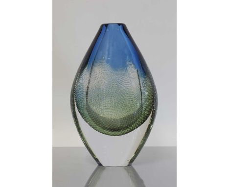 An Orrefors 'Kraka' glass vase,designed in 1955 by Sven Palmqvist, of teardrop form, with sommerso decoration transitioning f