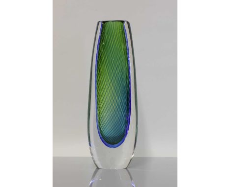 A Kosta sommerso glass vase,late 1950s, designed by Vicke Lindstrand, of ovoid forms, decorated in green and blue, with the b