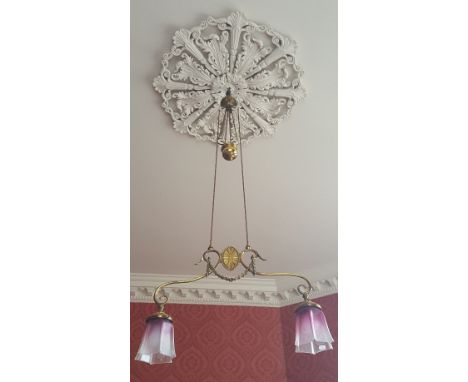 A Late 19th/Early 20th Century Brass Two Branch Rise and Fall Ceiling Light with central oval supporting scrolling arms & etc