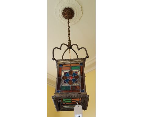 A Superb Quality Brass and Stained Glass Hall Lantern.