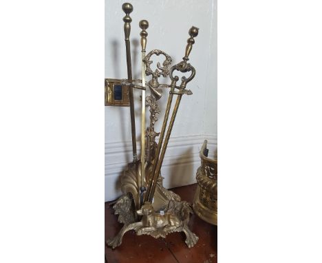 An Early 20th Century Hunting Themed Fireside Companion Set on Stand.