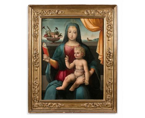 ATTRIBUE A GIOVANNI LARCIANI, DIT LE MAITRE DES PAYSAGES KRESS (1487-1527)VIERGE A L’ENFANT LISANT AVEC UNE COUPE DE FRUITSPa
