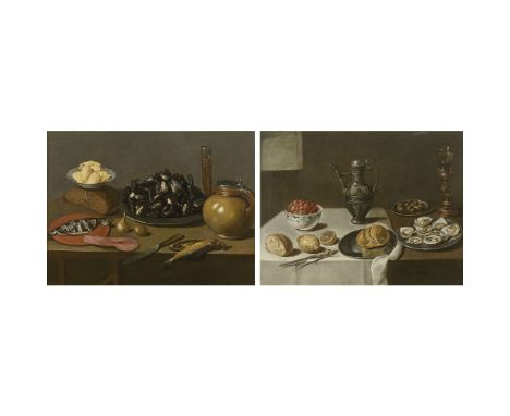 ÉCOLE HOLLANDAISE DU XVIIe SIÈCLE, SUIVEUR DE FLORIS VAN SCHOOTENPLAT DE MOULES ET PICHET EN GRÈS AVEC UN VERRE À BIÈRE ; PLA
