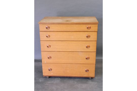 A 1960s Schreiber Teak Chest Of Five Long Drawers With Wood Cup