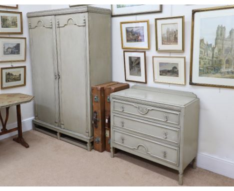 A silver grey painted bedroom suite, circa 1920's, with carved bird and foliate decoration and silvered handles, comprising a