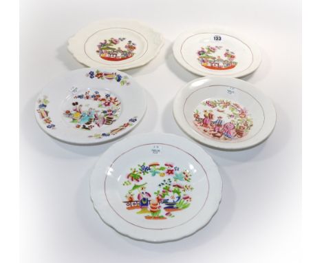A Hilditch & Son part tea service, printed in blue with The Eskimo Child pattern, circa 1820-25, and similar with three figur