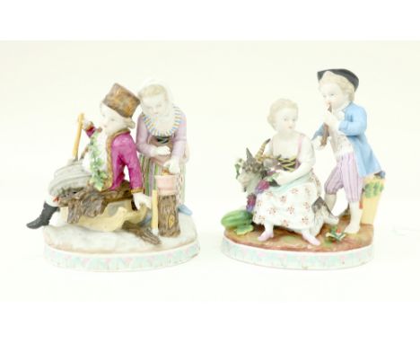 A pair of German porcelain figure groups, in Meissen style, late 19th century, one modelled as a boy playing a pipe and a gir