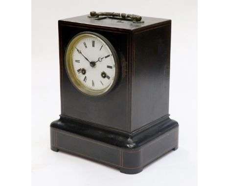 H Azur a Paris: A French ebonised boxwood strung mantel clock, circa 1860, the eight day movement striking on a bell, 24cm hi