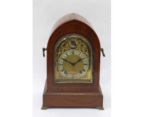 Winterhalder & Hofmeier; An Edwardian mahogany boxwood strung and banded mantel clock, with lancet top, the brass and silvere