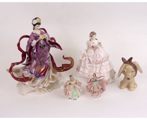 A Royal Worcester porcelain, 'The Fairest Rose' figure, Carlton ware 'Rouge Royale' dish, two Dresden crinoline figures, Fran