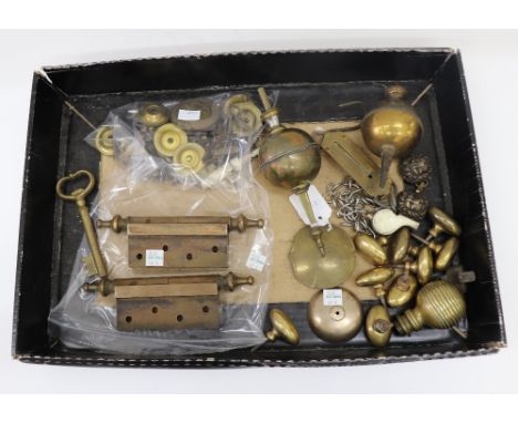 Two brass orb and spire long case clock finials, 19th century, a pair of heavy duty brass hinges, Salter pocket balance, Acme