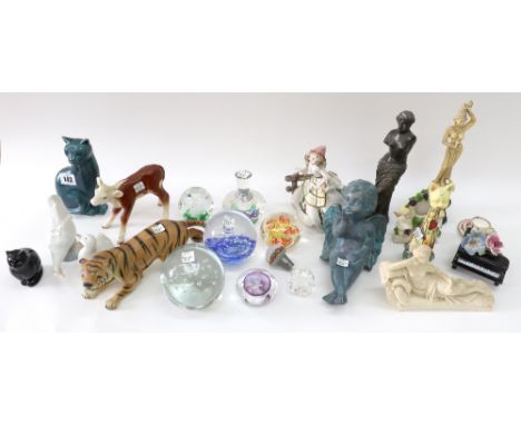 A Poole pottery figure of a cat, Beswick calf, two Nao birds, glass paperweights and other decorative ceramics and objects (q