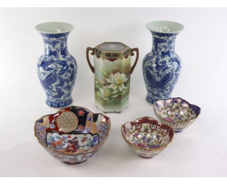 A Japanese hand painted hexagonal two-handled vase, first half 20th century, 22.5cm high, a pair of modern Asian blue and whi