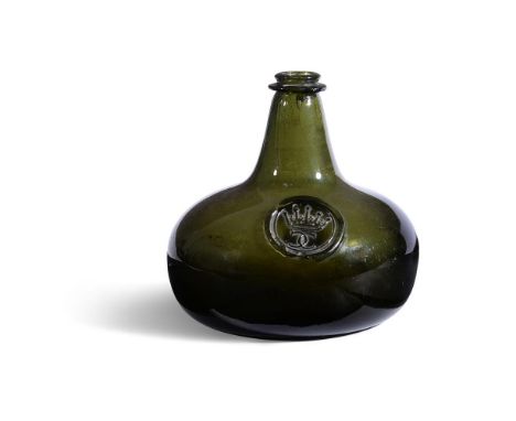 A SEALED GLASS ONION WINE BOTTLEPROBABLY OXFORD, CIRCA 1700-1720Of dark-olive green tint, string rim15.5cm highBearing a seal