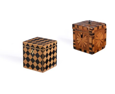A GEORGE III FRUITWOOD AND PARQUETRY TEA CADDY CIRCA 1800With fan patera inlay10cm high, 9cm wide, 8.5cm deepTOGETHER WITH A 