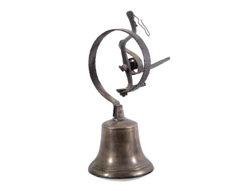 A GEORGE III BRASS AND WROUGHT IRON DOORBELL LATE 18TH CENTURY37.5cm high overall, the bell 16cm diameterFor a similar exampl