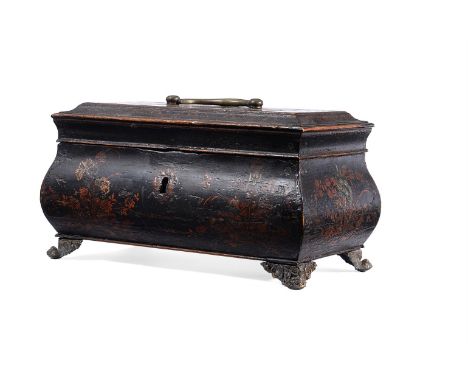 A GEORGE II BLACK LACQUER AND GILT CHINOISERIE TEA CADDY CIRCA 1740Of bombe outline13.5cm high, 26cm wide, 14cm deepCondition