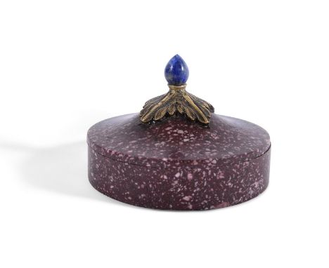 AN ITALIAN PORPHYRY, ORMOLU AND LAPIS LAZULI MOUNTED BOX 18TH/EARLY 19TH CENTURY5cm high, 7cm diameterCondition Report: Marks
