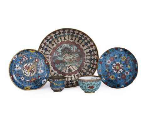 A COLLECTION OF CHINESE CLOISONNÉ BOWLS AND DISHESMING-QING DYNASTY AND LATERIncluding two enamelled dishes, two enamelled cu