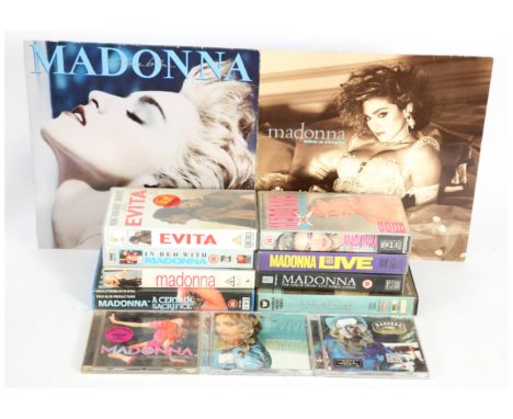 A collection of Madonna LPs, CDs, VHS to include; Like A Virgin (LP); Ray Of Light (CD); In Bed With Madonna (VHS); as well a