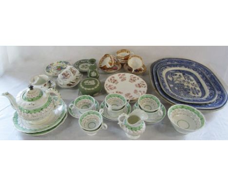 Assorted ceramics inc meat plates, Wedgwood jasper ware and part tea service