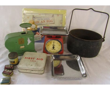 Old cast iron pot, kitchen scales, tin sign etc