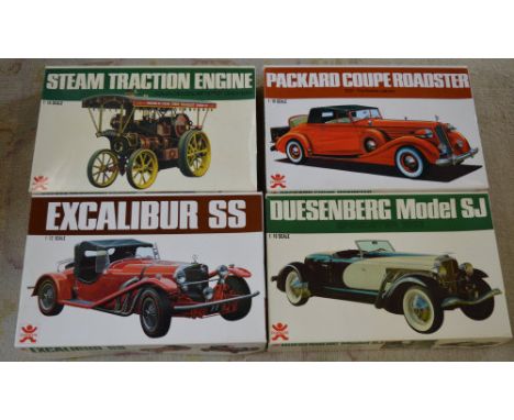 4 vintage boxed Bandai car model kits, all unbuilt,  including Steam Tractor Engine, Packard Coupe Roadster, Excalibur SS and