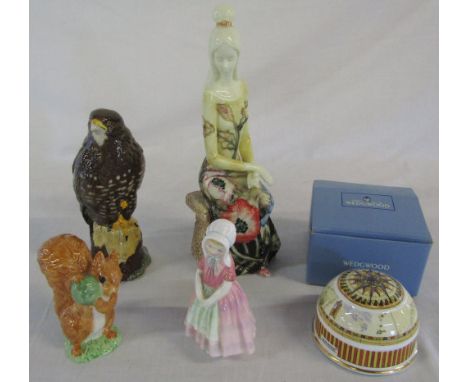 Royal Doulton buzzard, Royal Doulton figurine 'Tootles', Royal Albert 'Squirrel Nutkin', Tuptonware figurine & a Wedgewood tr