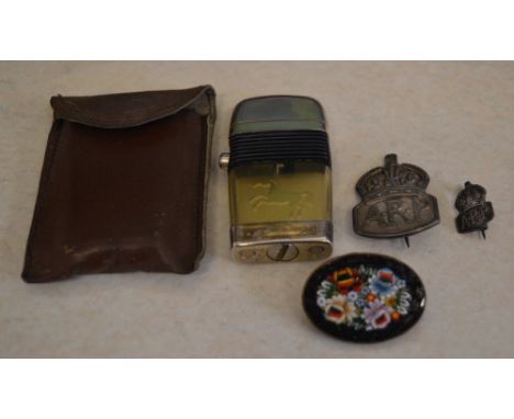 Scripto lighter, 2 silver ARP badges and a micro mosaic brooch