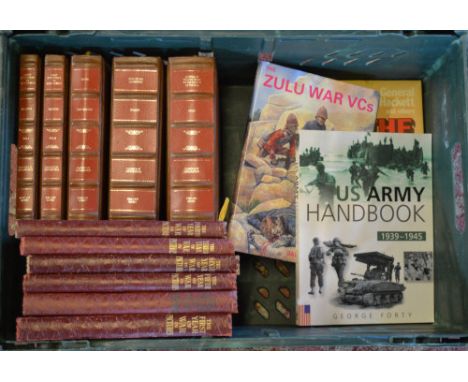 Box of military themed books including The War in Pictures and the US Army Handbook 39-45
