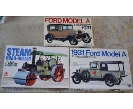 Bandai Steam Road Roller 1/16 model kit, Riko Ford Model A 1/16 and one other Ford Model A model kit 