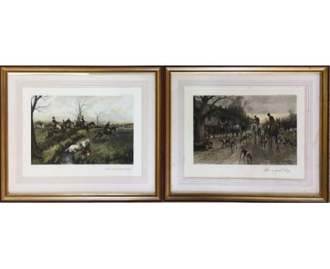 Pair of framed fox hunting prints 'After a good day' & 'with a scent breast-high' by George Wright 71cm by 60cm