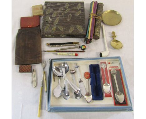 Various items inc spoons, silver and mother of pearl pocket knife, tartanware box, pipe, wallets, retractable pencils etc