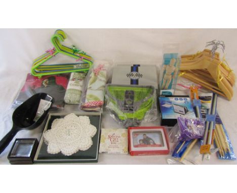 Assorted unused and unopened goods inc artist's wooden mannequin, knitting needles, gifts, garden scoop, childrens wooden coa