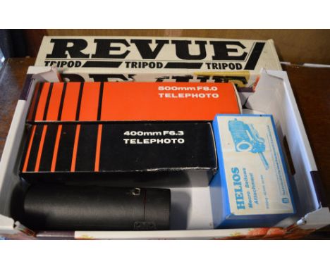 Camera accessories including 500mm and 400mm telephoto lenses, Revue tripod, Helios macro bellows attachment etc 