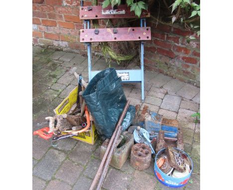 Assorted hand tools, vice, weights & work bench