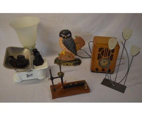 Scales and weights, cast iron doorstop, modern radio, lamp etc