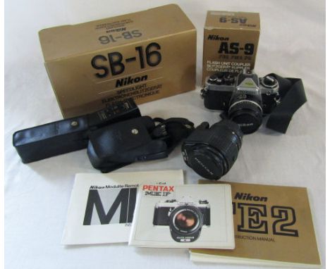 Selection of Nikon camera equipment - Nikon Fe2 35mm camera, MD-12 motorised winder, M1-1 modulite remote control set, AS-9 f