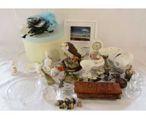 Assorted ceramics and glassware inc Wedgwood, Royal Doulton 'The Osprey', Aynsley & Royal Crown Derby, fascinators, small ena