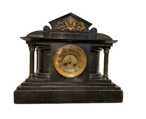 French - 19th century 8-day Belgium slate mantle clock, circa 1890, architectural case with a stepped plinth, gilt dial with 