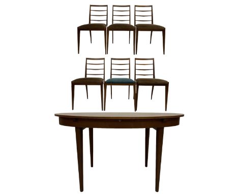 Greaves &amp; Thomas - Teak extending dining table together with set six teak ladder back chairs of similar design with drop 