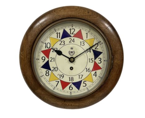 English - mid-20th century 8-day wall clock with a beech dial surround, spun brass bezel, flat glass and steel spade hands, 8