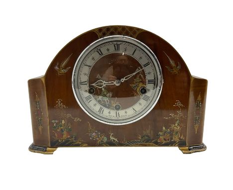 Enfield - English 20th century 8-day Westminster chiming mantle clock in a mahogany and chinoiserie decorated case, with gold
