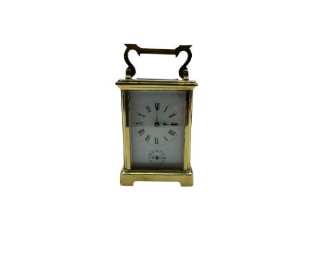 French - 19th century 8-day brass cased carriage clock,  going barrel movment with an alarm sounding on a bell, in a corniche