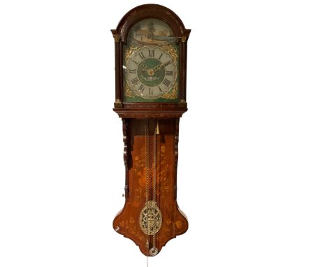 Dutch - 19th century 30-hr wall clock mounted on an inlaid mahogany bracket, painted break arch dial with Roman numerals and 