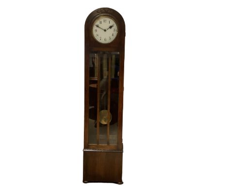 English - 1930's Westminster chime 8-day oak longcase clock, with a rounded top and full length three panel glazed door, visi