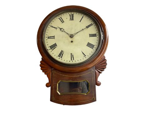 English - William IV drop dial 8-day fusee wall clock in a mahogany case, with pendulum viewing glass and brass inlay, with s